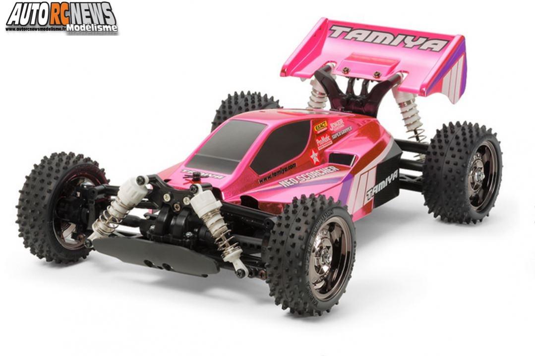 Tamiya Neo Scorcher Bright Pink Metallic #84387 Nouvelle version avec moteur 540 et amortisseurs blancs à corps nylon.